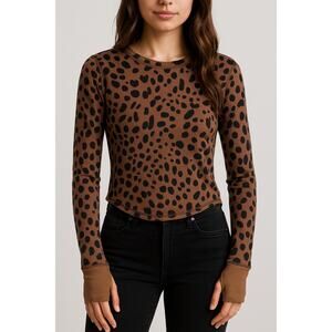 Leopard Print Cropped Long Sleeve Top Brown Waffle Knit Fitted Boho Tee Size M